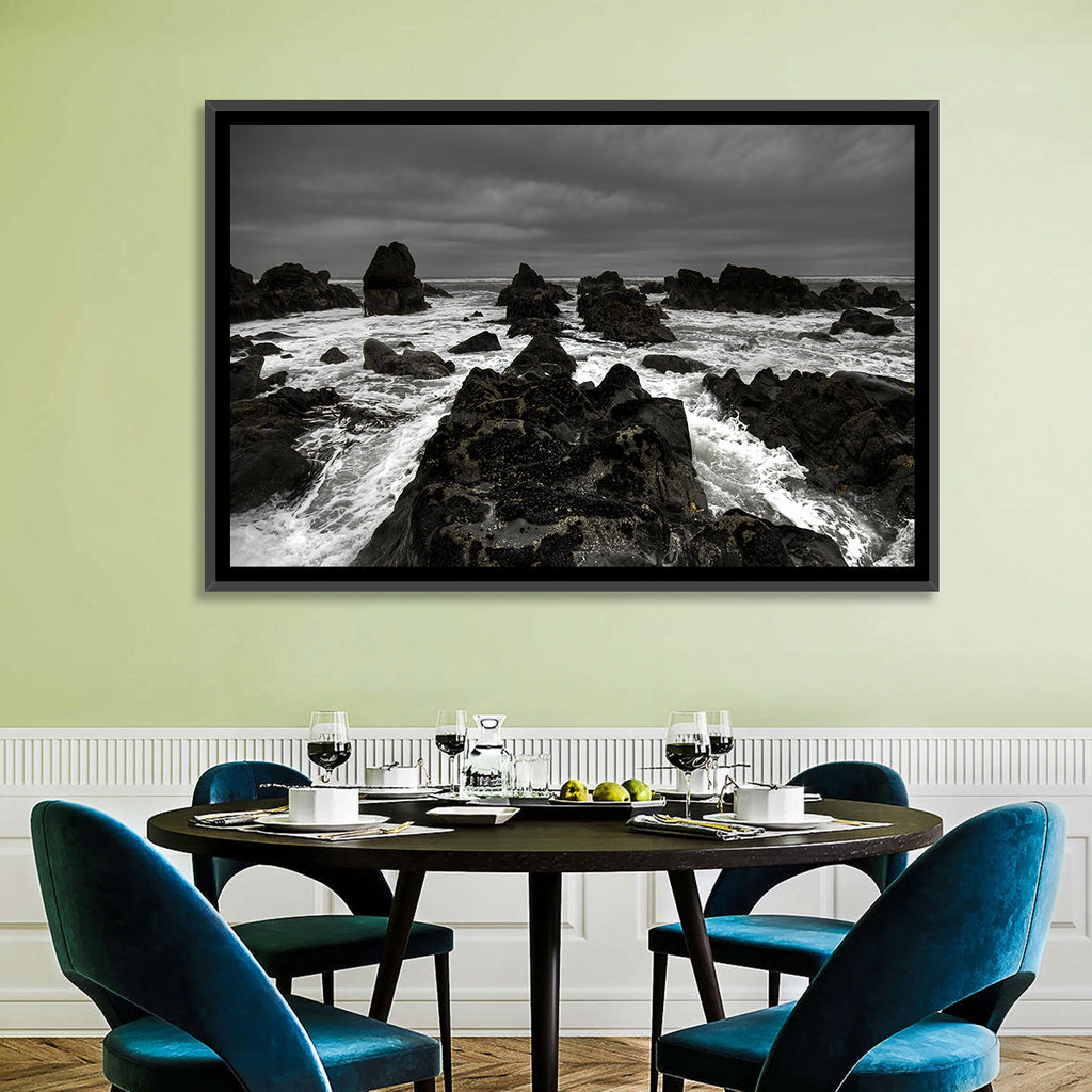 Moody Black and White Rocky Coast Waves Wall Art