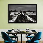 Moody Black and White Rocky Coast Waves Wall Art