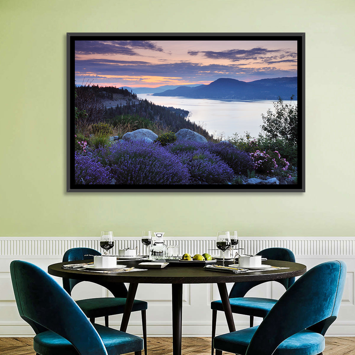 Okanagan Lavender Lake Wall Art in a room, landscape