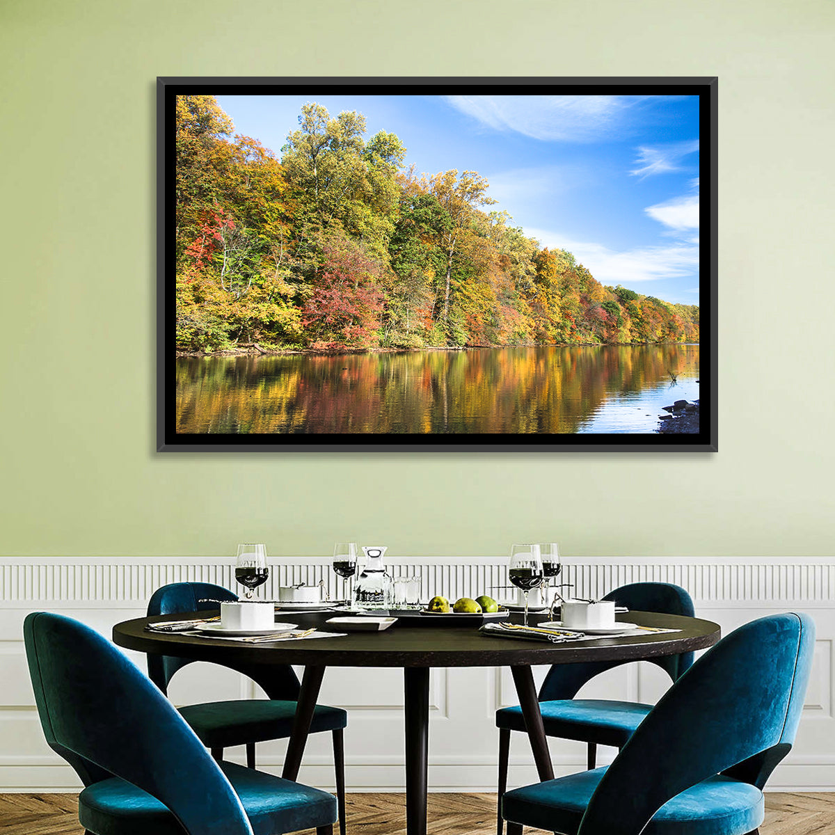 Lake Surprise Autumn Reflection Wall Art in a room, landscape