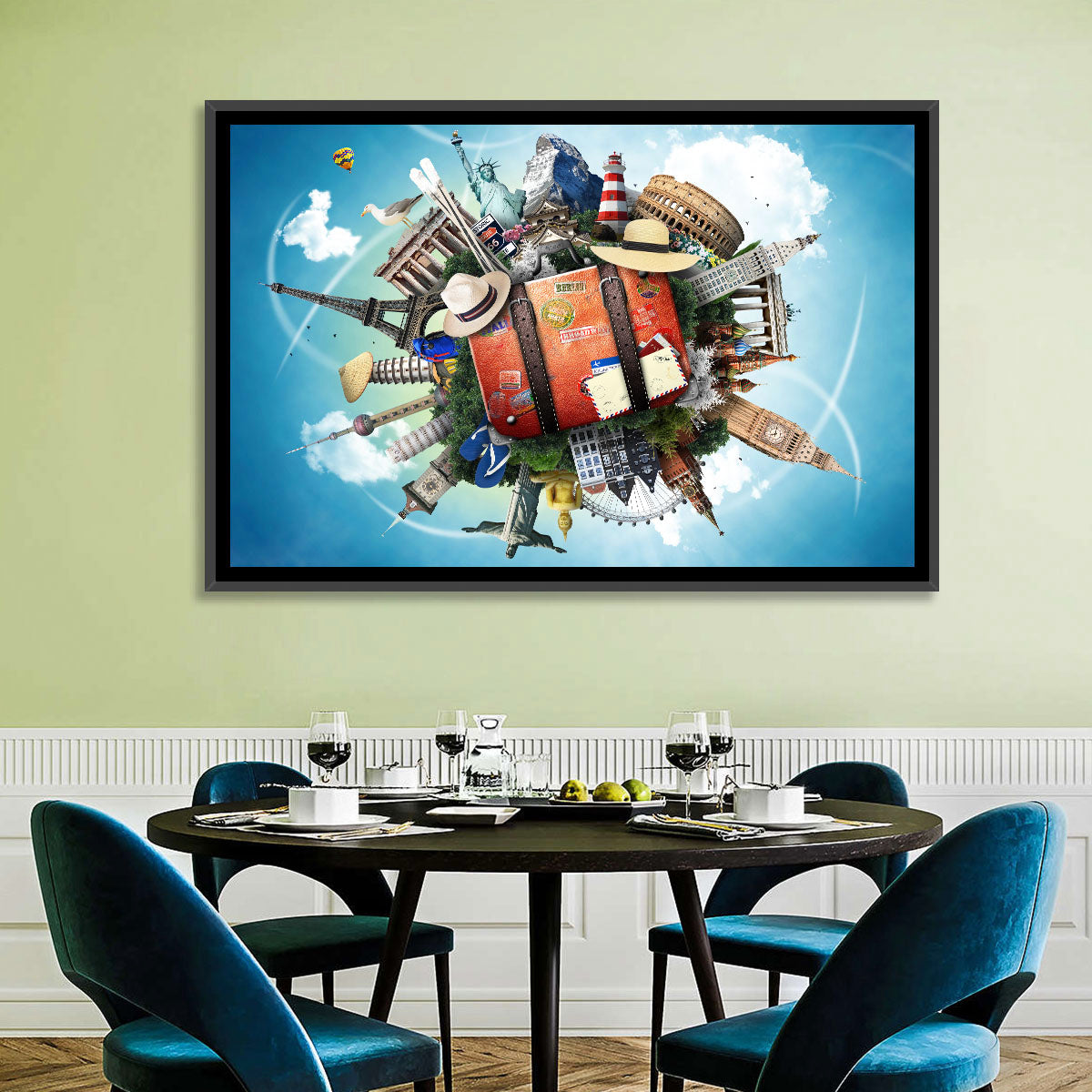 Suitcase and World Landmarks Montage Wall Art in a room, landscape