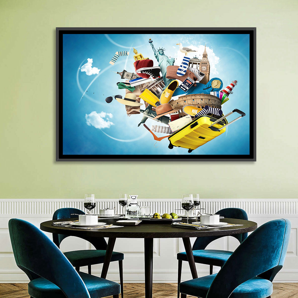 Floating Landmarks with Yellow Suitcase Wall Art in a room, landscape