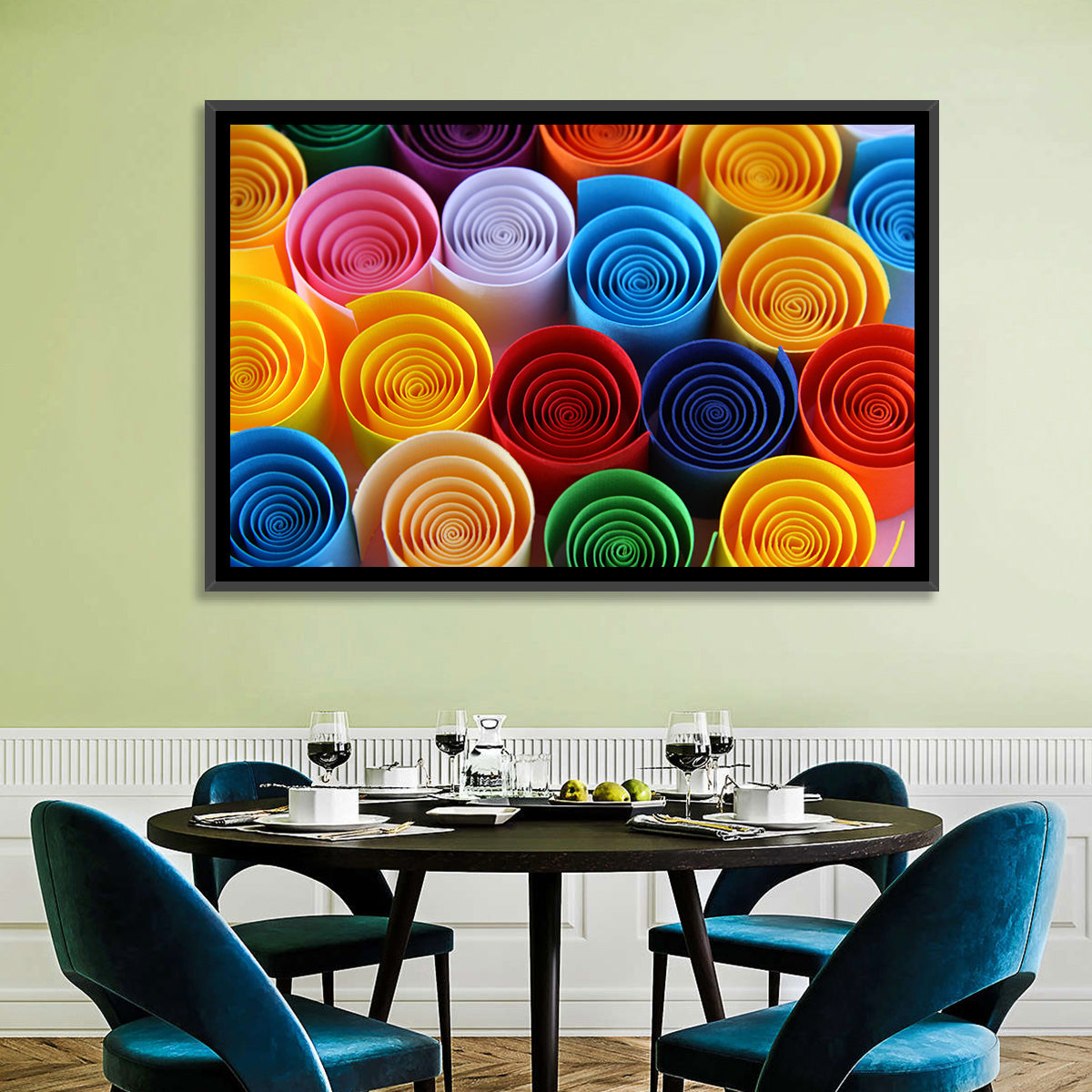 Quilled Color Spirals Wall Art in a room, landscape