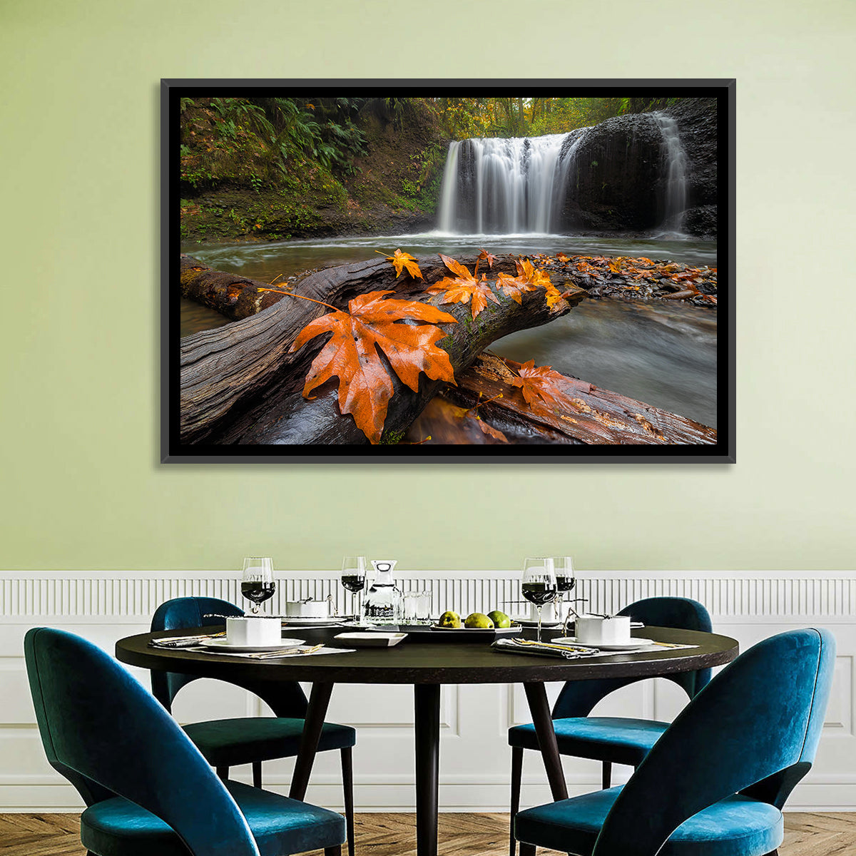 Clackamas Waterfall with Maple Leaf Wall Art in a room, landscape