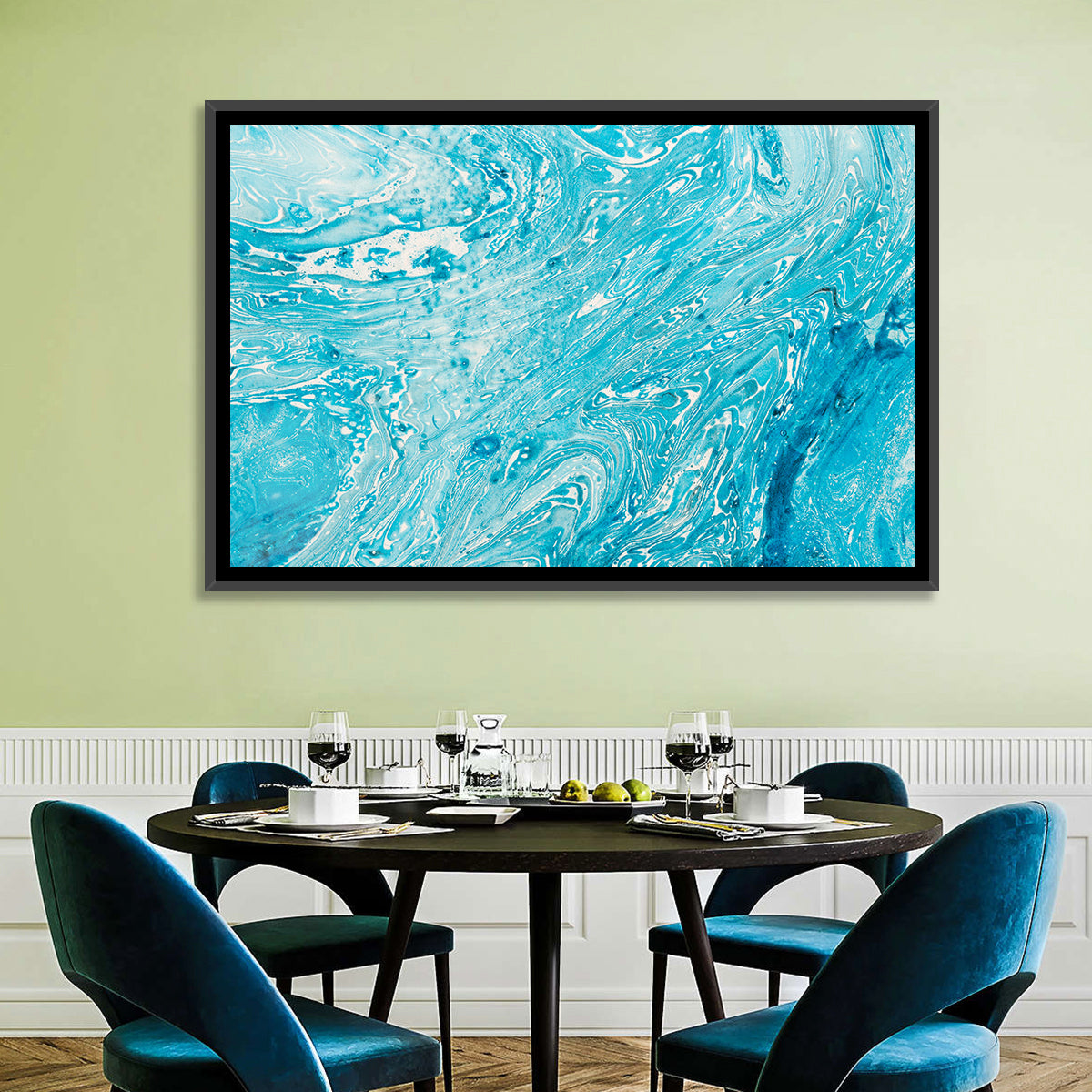 Cerulean Marbled Waves Wall Art in a room, landscape