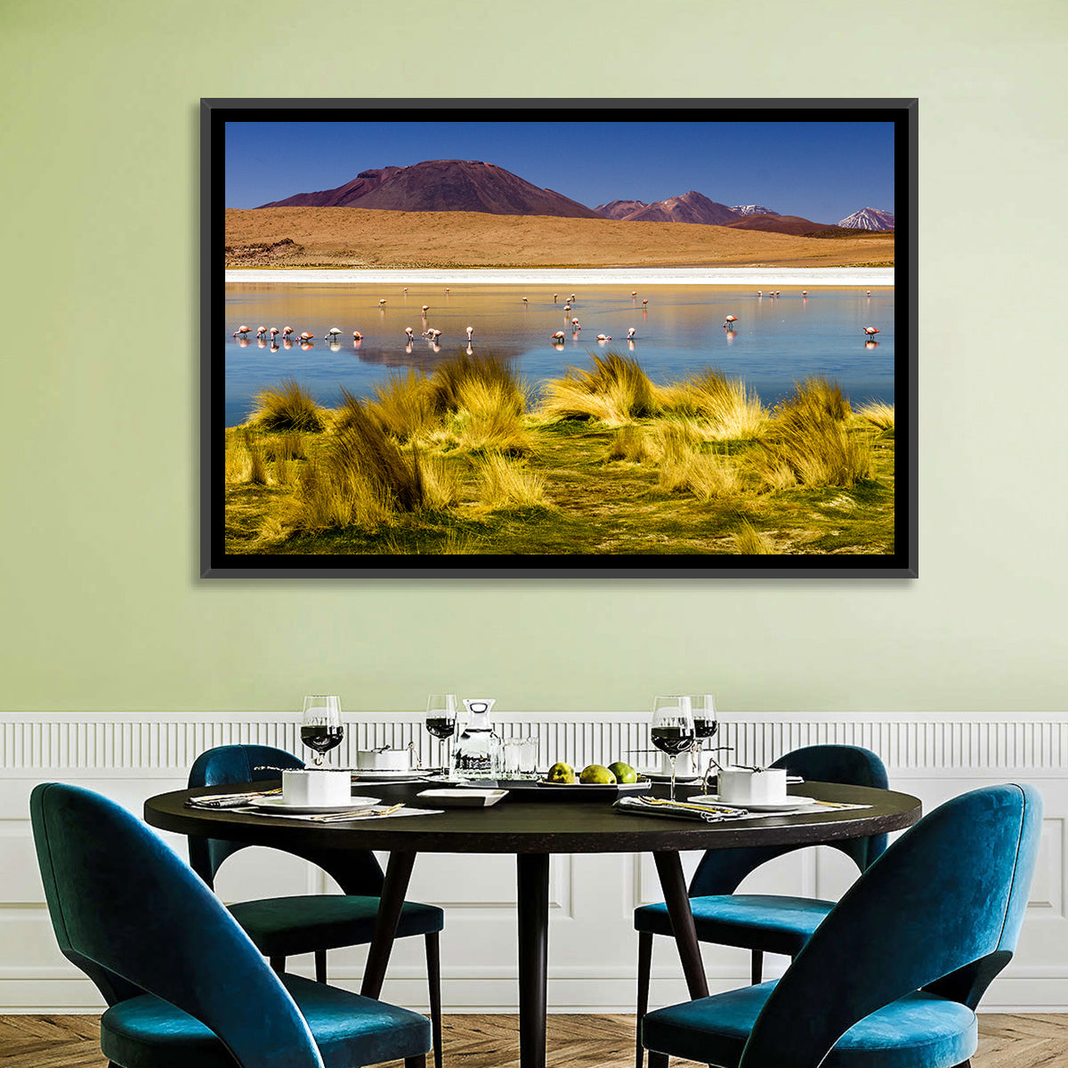 Flamingos on Salt Lake Wall Art in a room, landscape