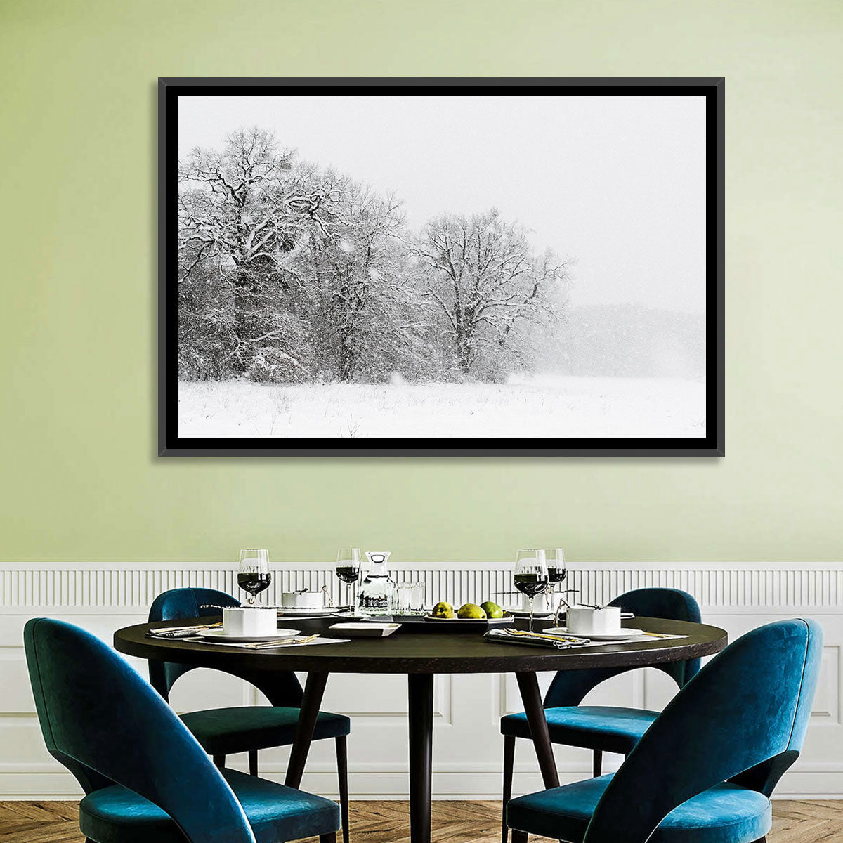 Snow-covered Trees in Fog Wall Art in a room, landscape