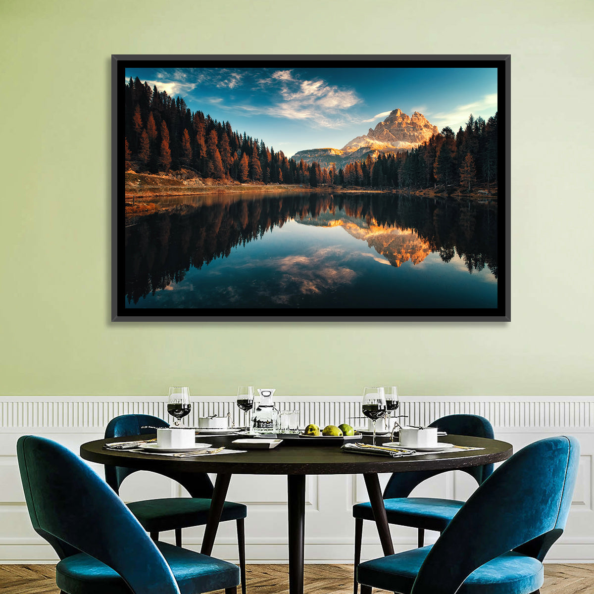 Lago Antorno Golden Hour Reflection Wall Art in a room, landscape