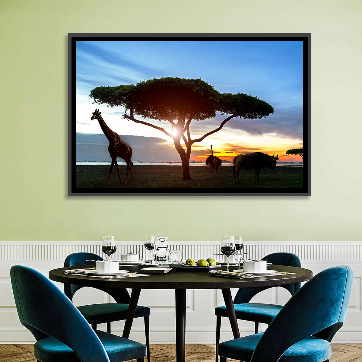 Savanna Silhouettes at Golden Hour Wall Art in a room, landscape