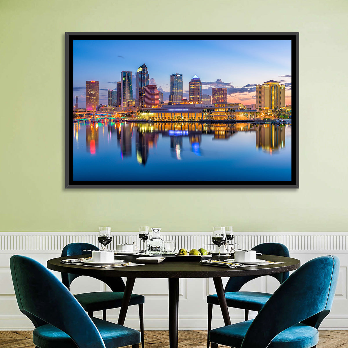 Tampa Twilight Skyline Wall Art in a room, landscape