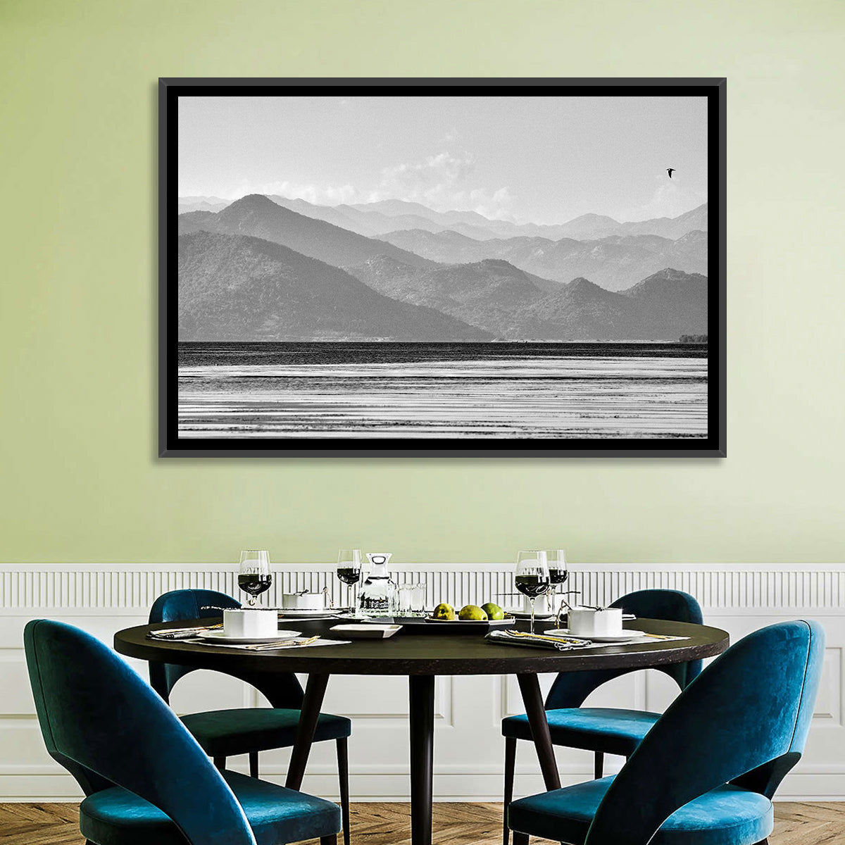 Skadar Lake Monochrome Landscape Wall Art in a room, landscape
