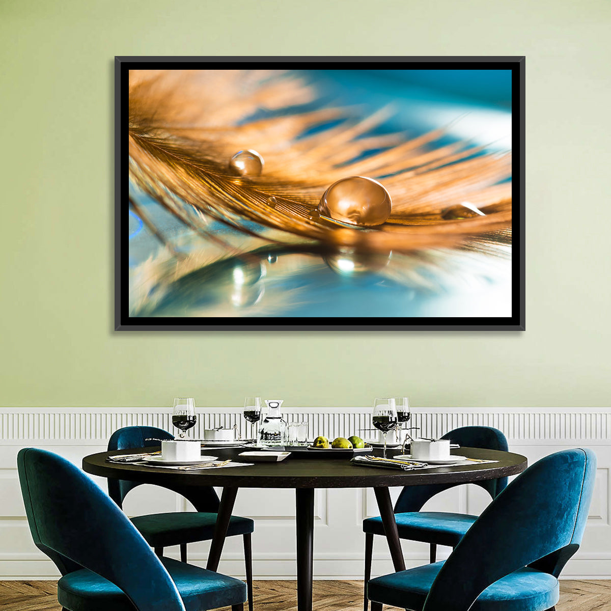 Golden Feather with Droplets Wall Art in a room, landscape