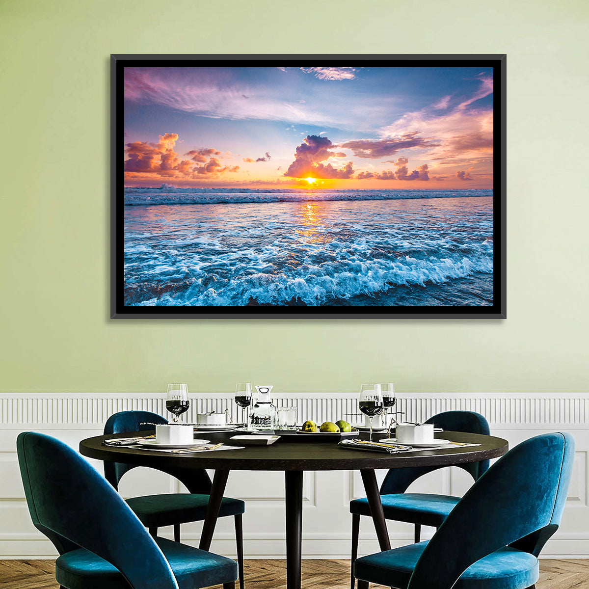 Sunburst Ocean Wave Wall Art in a room, landscape