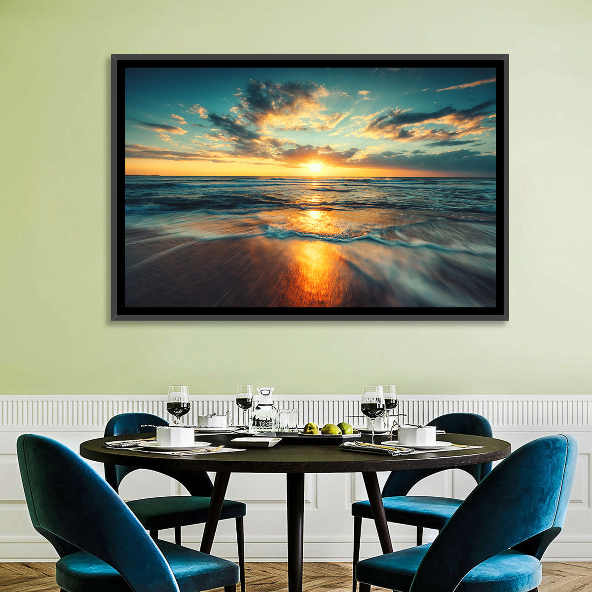 Sunlit Cloudscape Over Beach Wall Art in a room, landscape