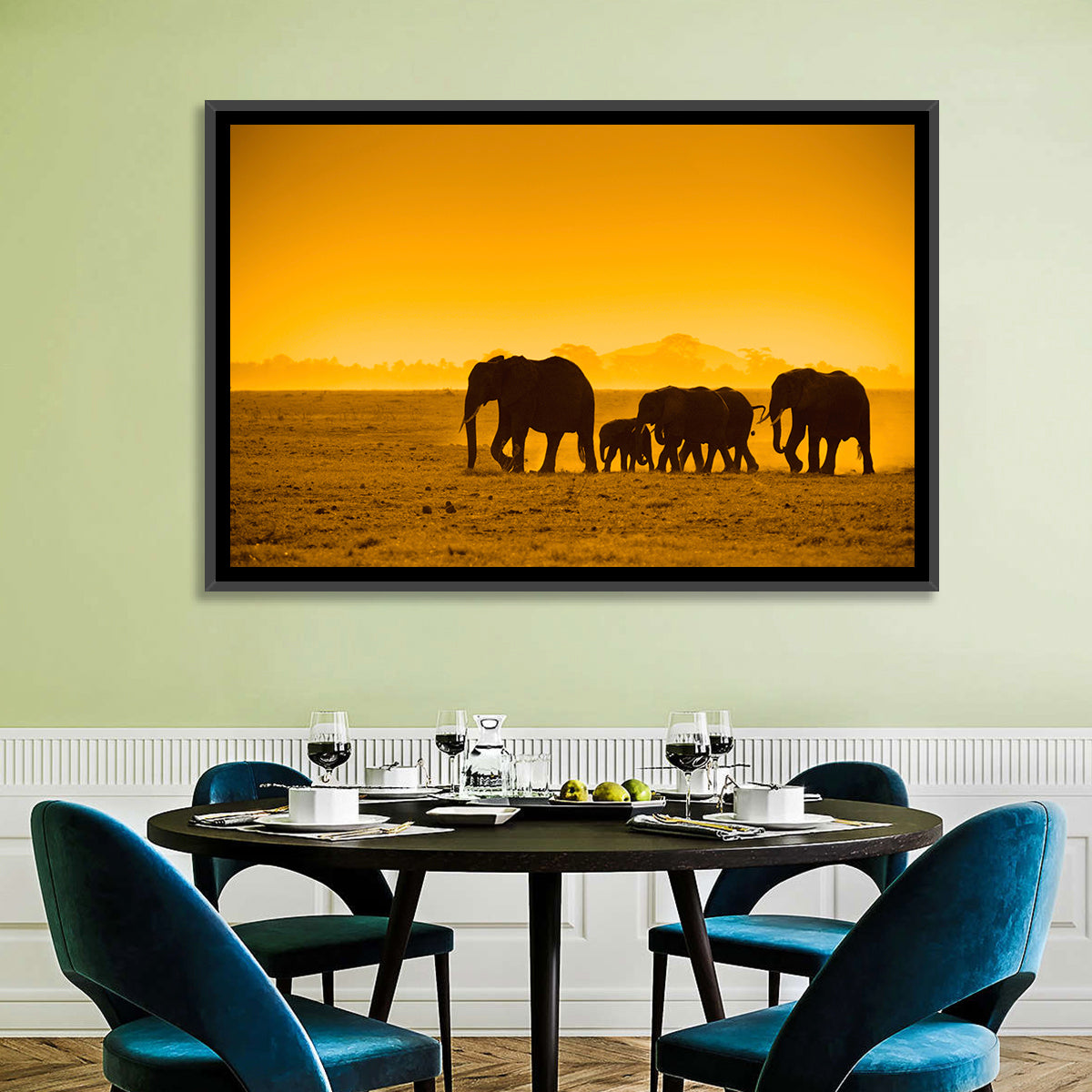 Elephant Family Silhouette Wall Art in a room, landscape