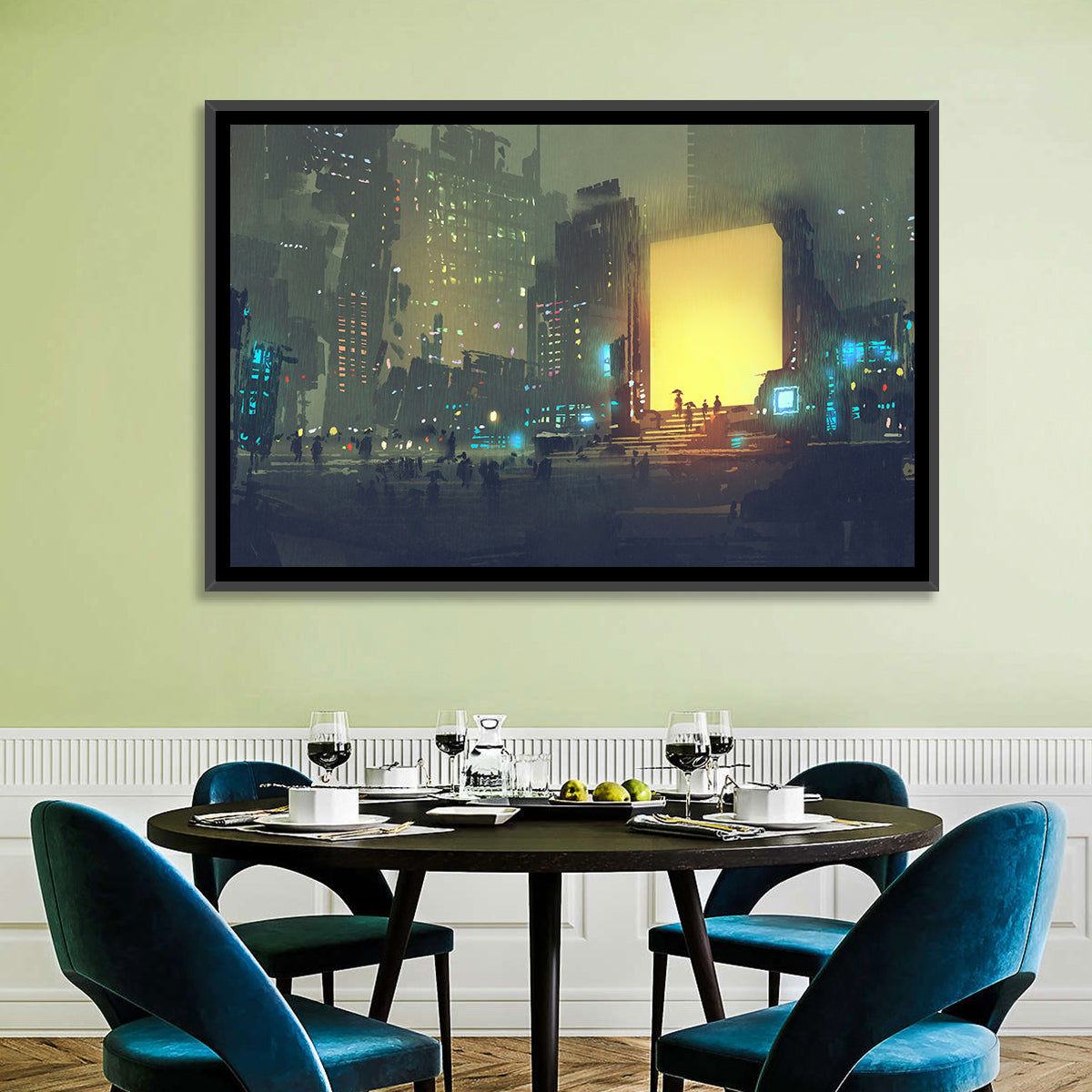 Rainy Night City with Glowing Portal Wall Art in a room, landscape