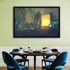 Rainy Night City with Glowing Portal Wall Art
