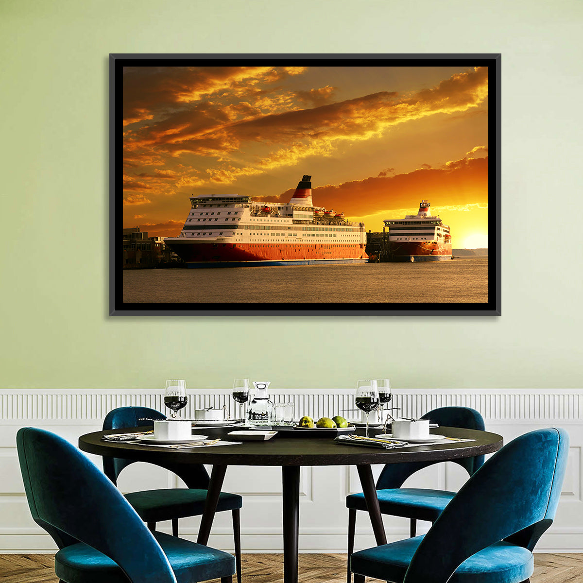 Red-hulled Cruise Ships at Dusk Wall Art in a room, landscape