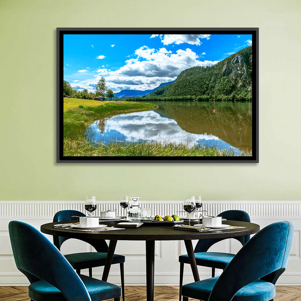 Lake Mjosa Reflection Wall Art in a room, landscape