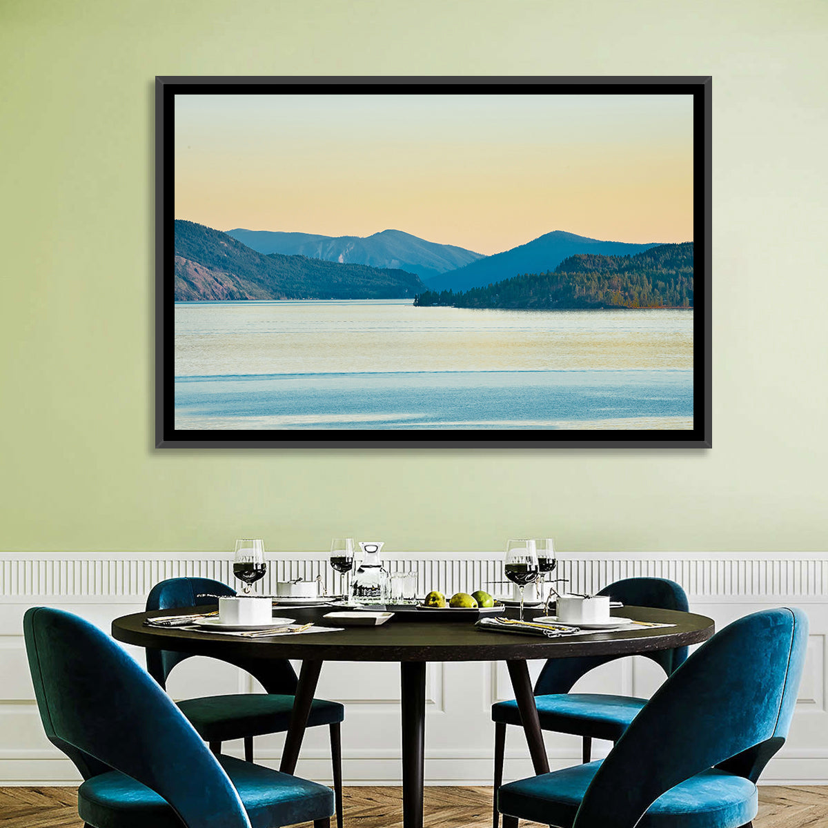 Lake Pend Oreille at Golden Hour Wall Art in a room, landscape
