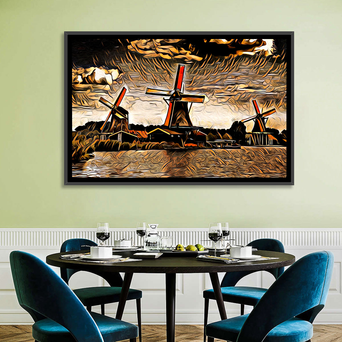 Retro Windmills at Sunset Wall Art in a room, landscape