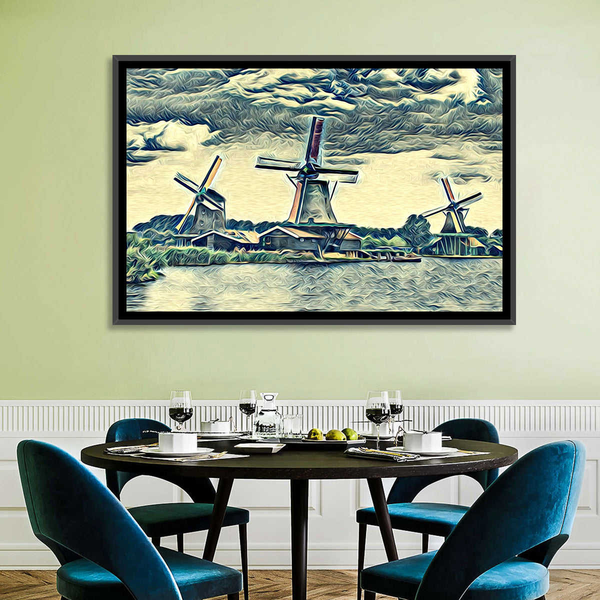 Three Vintage Windmills Wall Art in a room, landscape