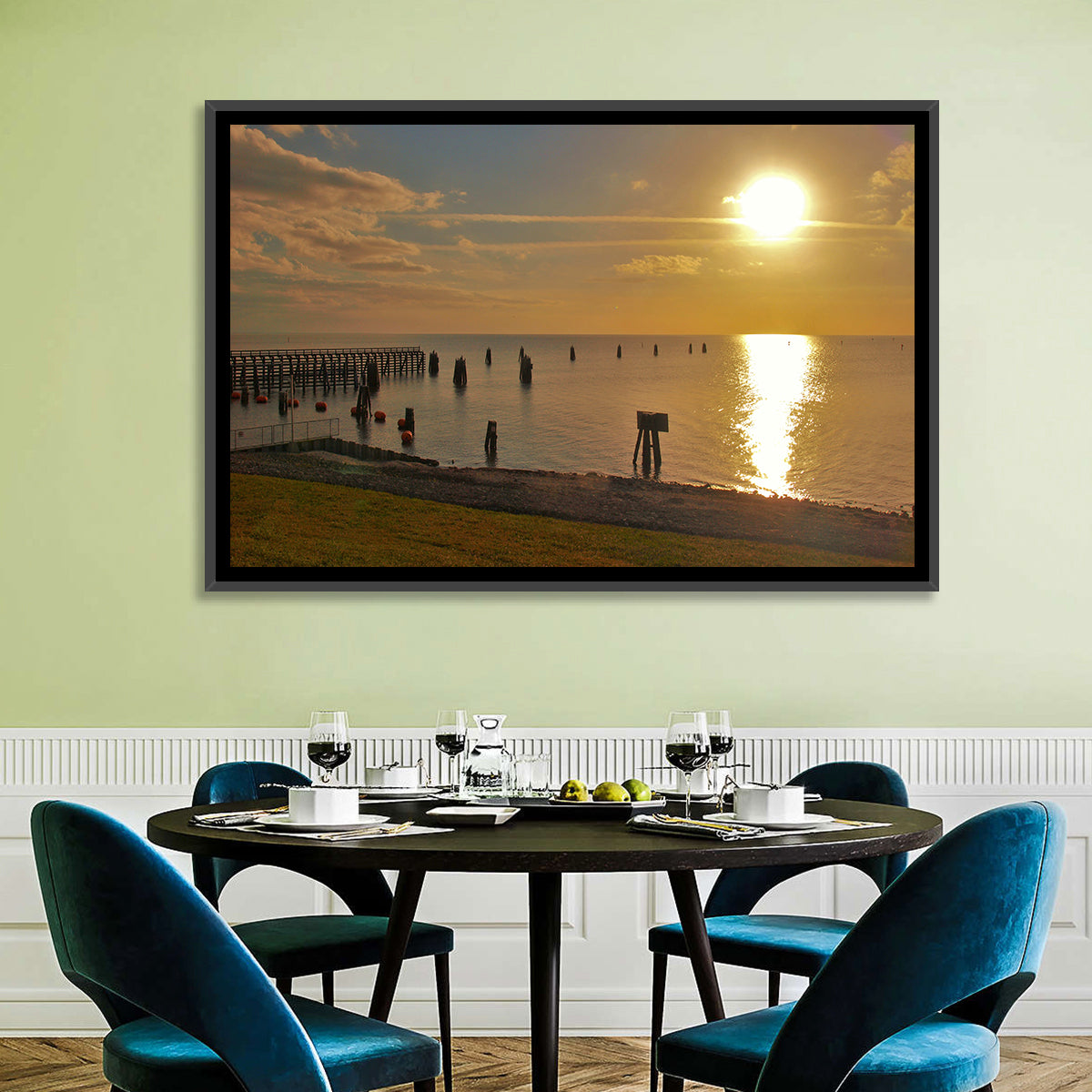 Lake Okeechobee Sunset Pier Wall Art in a room, landscape