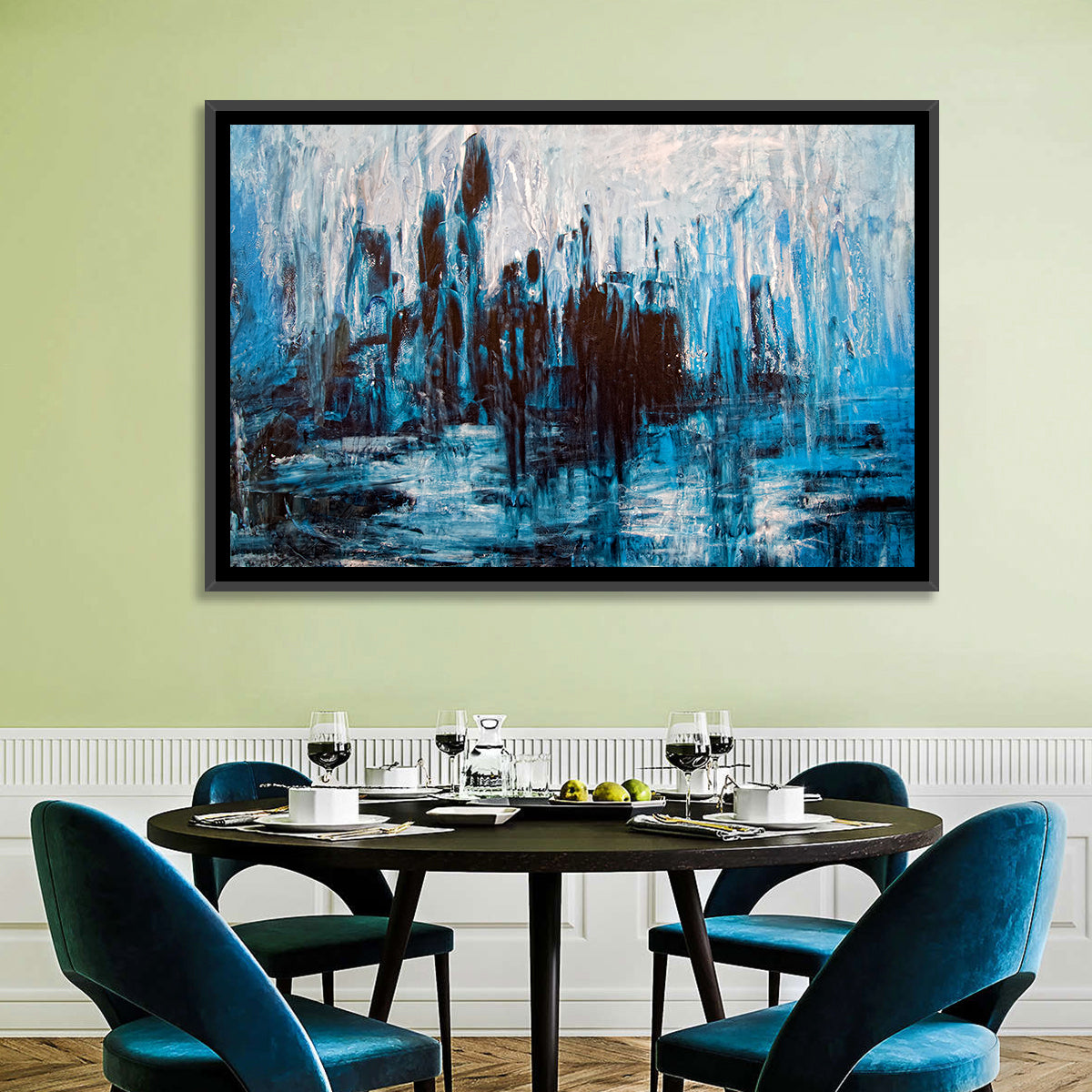 Rainy Abstract Skyline Reflection Wall Art in a room, landscape