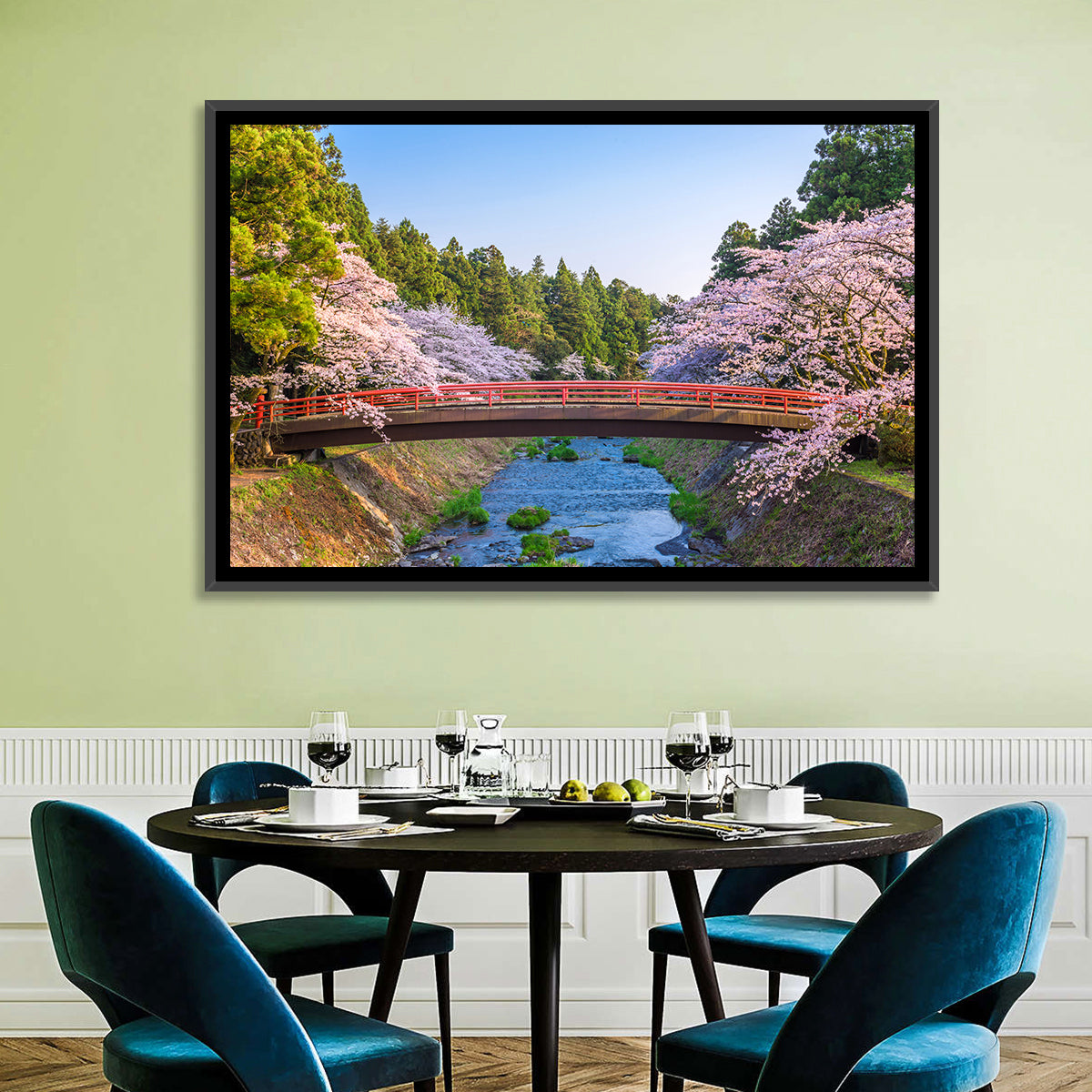 Arched Red Bridge with Cherry Blossoms Wall Art in a room, landscape