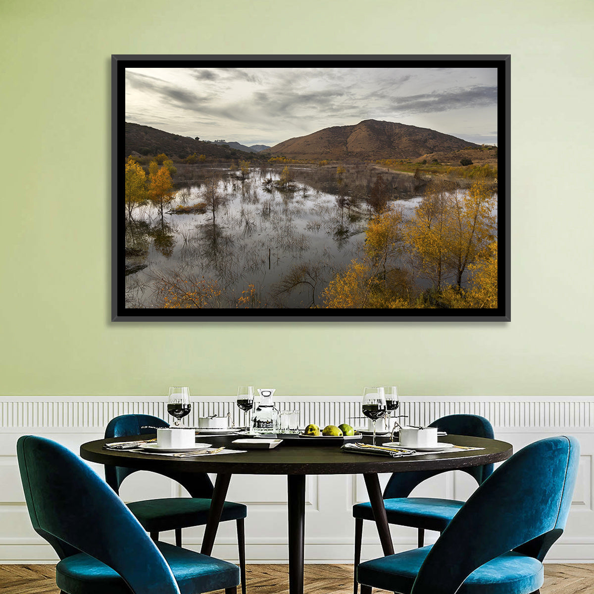 Lake Hodges Autumn Reflection Wall Art in a room, landscape