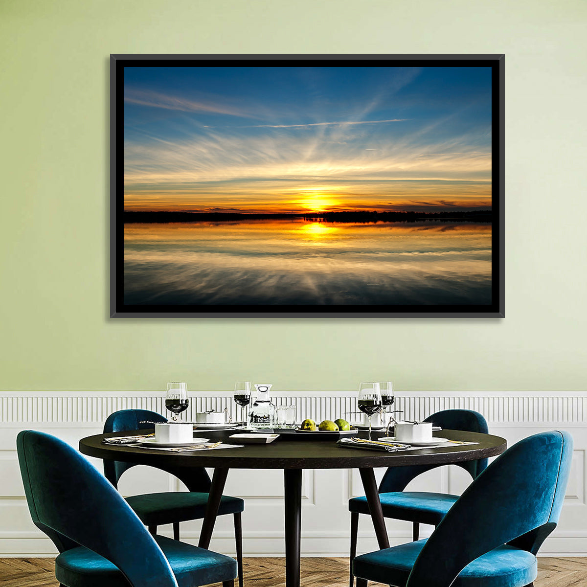 Oklahoma Lake Sunset Reflection Wall Art in a room, landscape