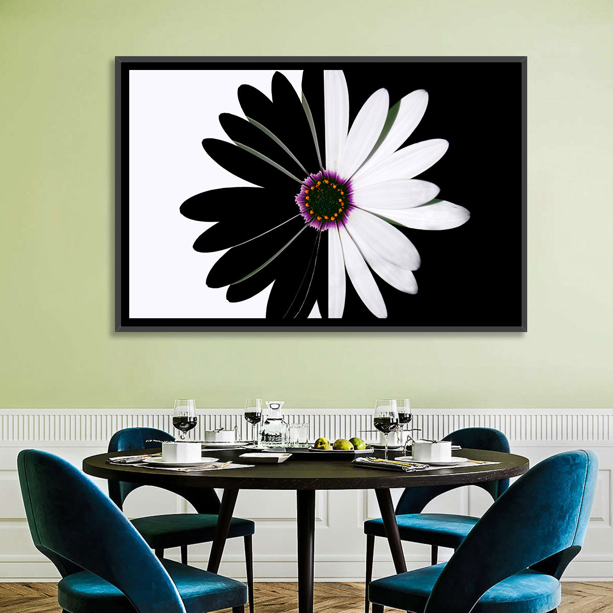 Black and White Daisy with Purple Ring Wall Art in a room, landscape