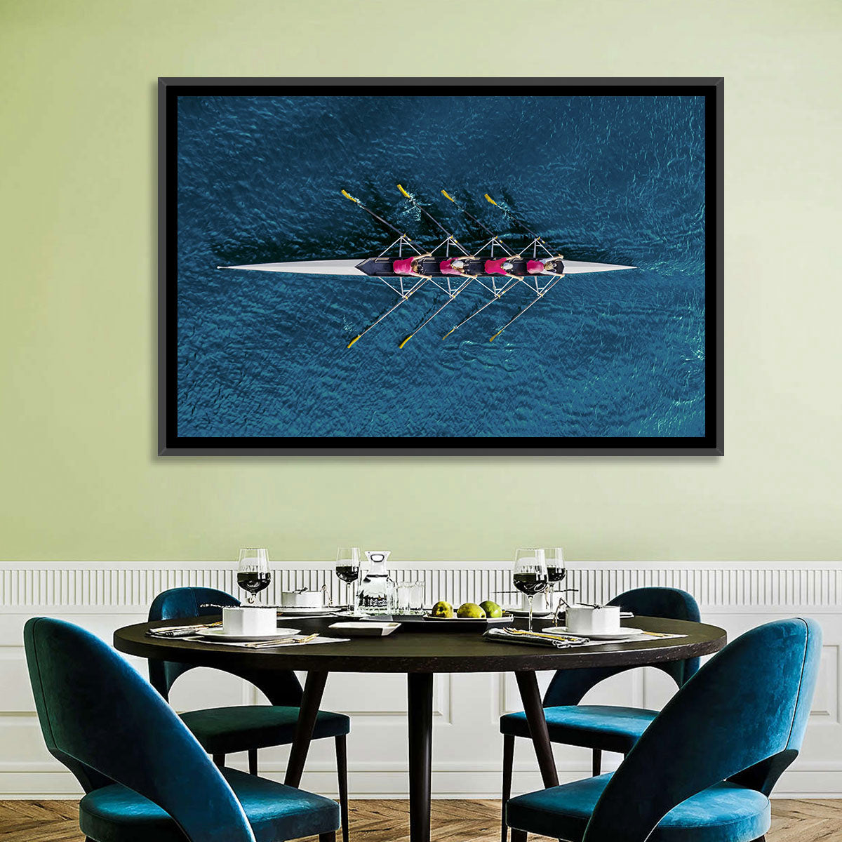 Four Rowers in Pink Shirts Wall Art in a room, landscape