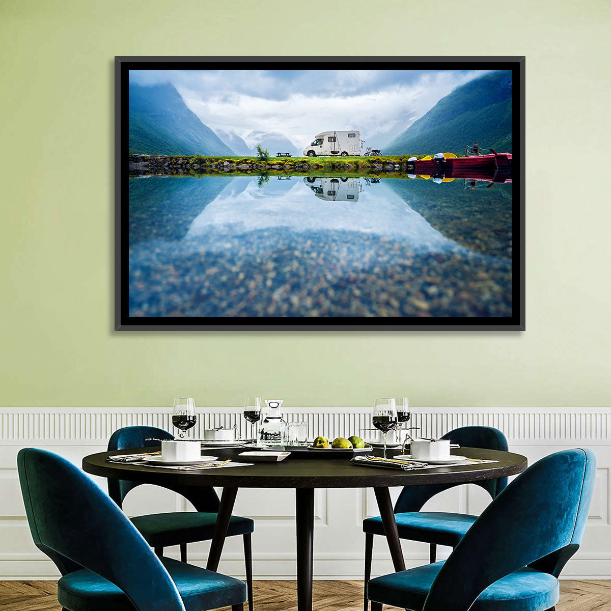 Motorhome by Mountain Lake Wall Art in a room, landscape