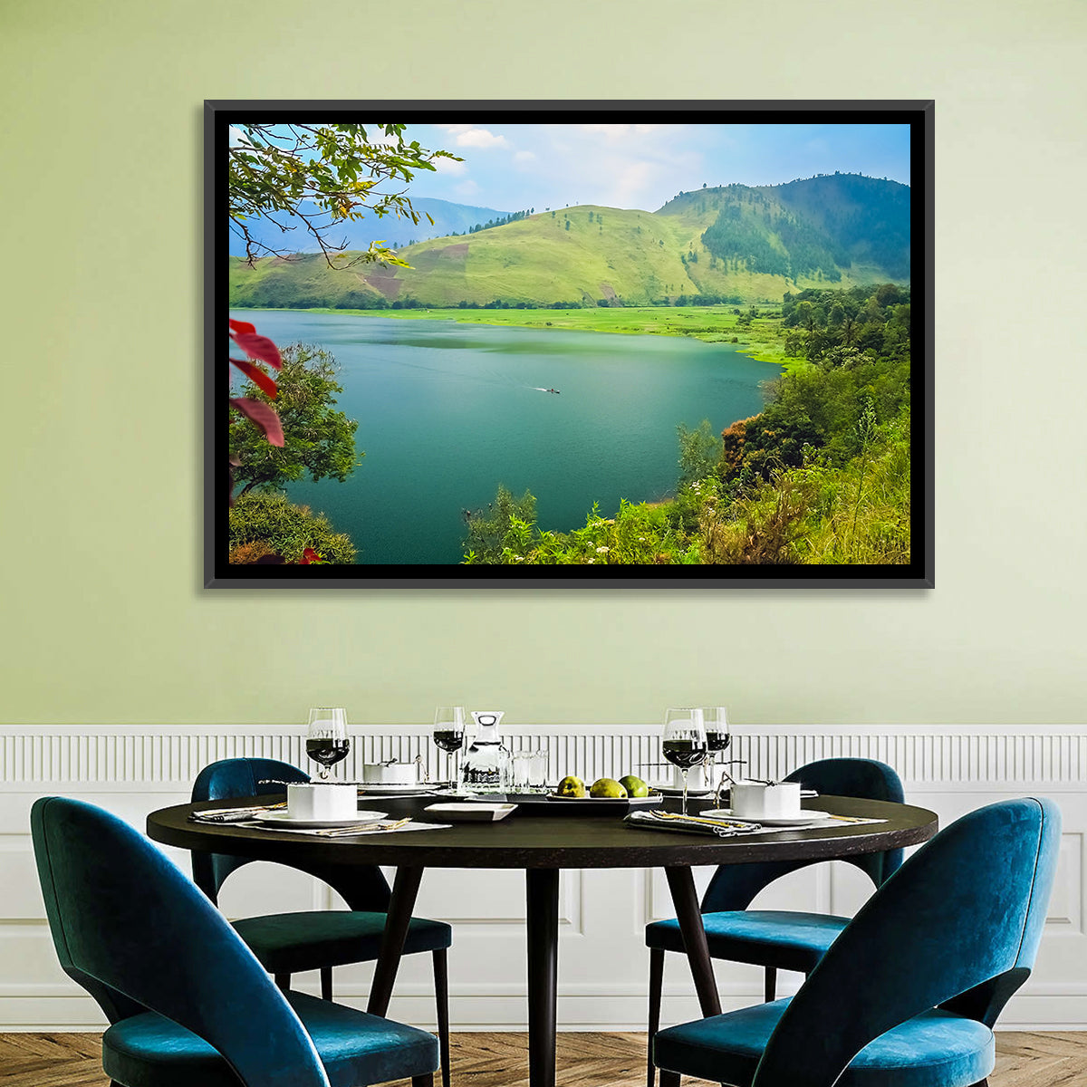 Lake Toba Boat and Hills Wall Art in a room, landscape