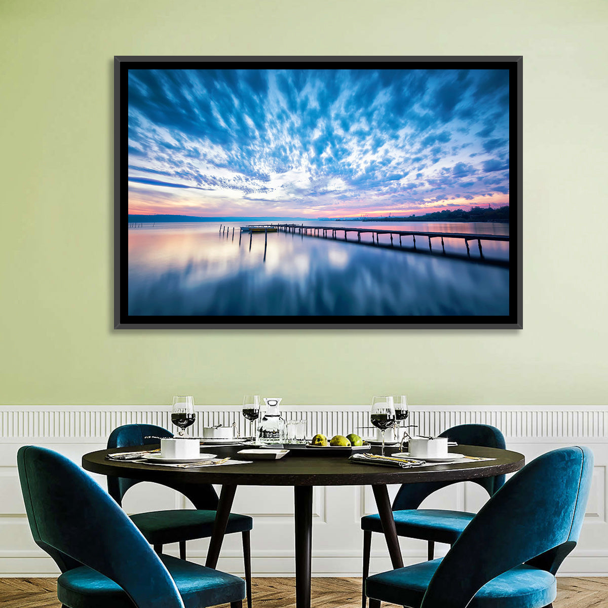 Cloudy Lake Pier at Dusk Wall Art in a room, landscape