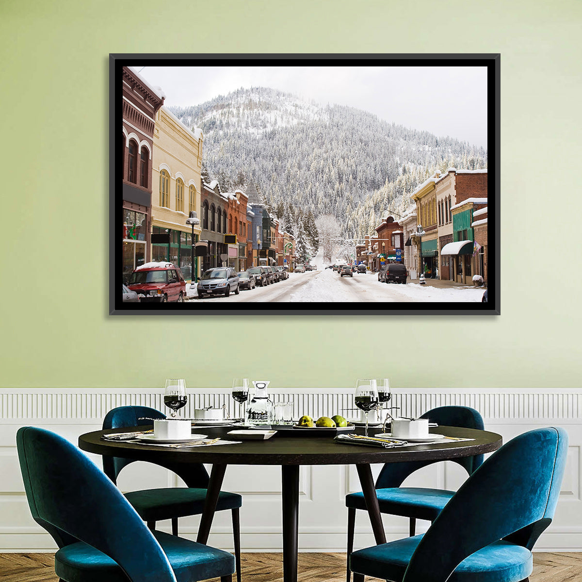 Snow Covered Mountain Main Street Wall Art in a room, landscape