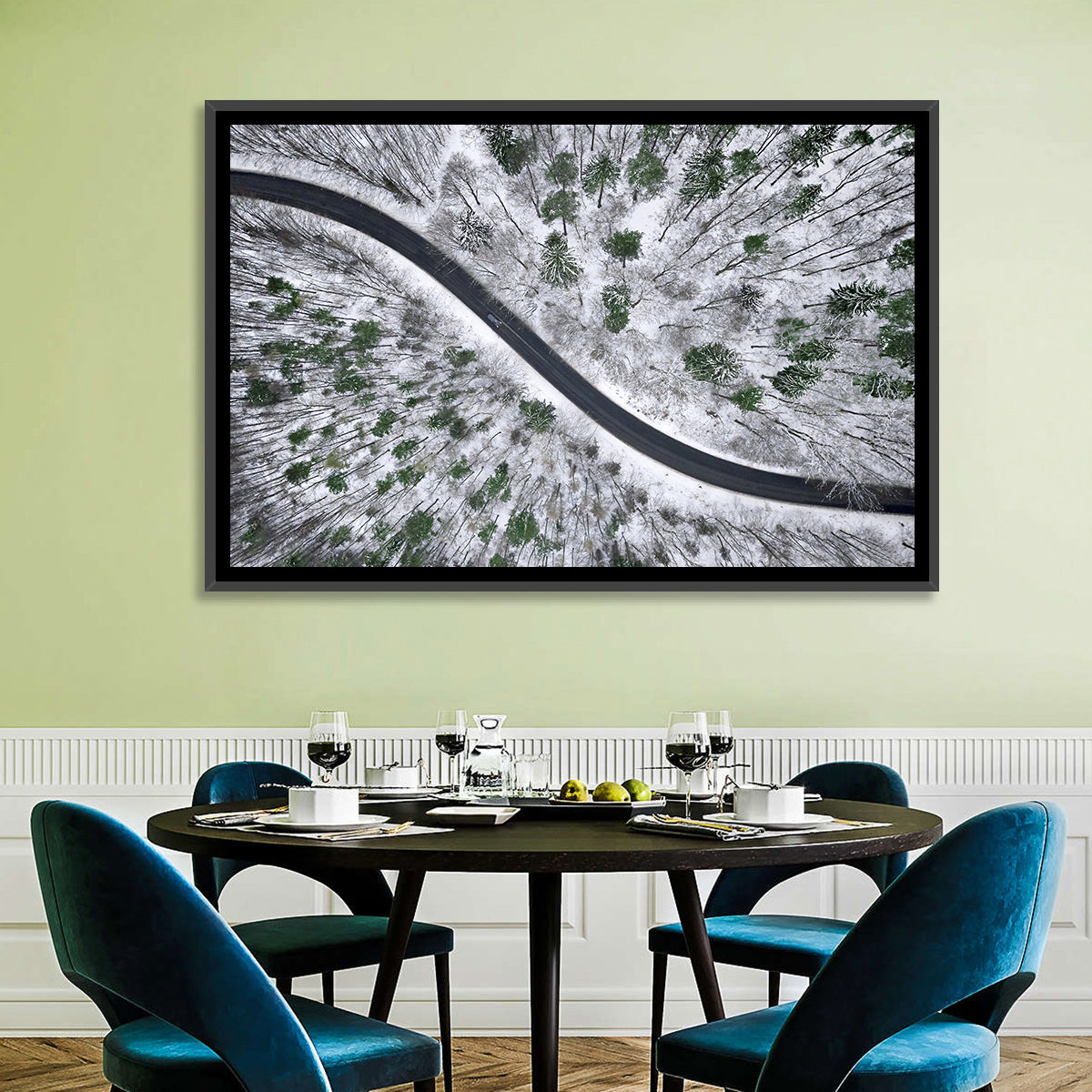 Snowy Forest Road Wall Art in a room, landscape