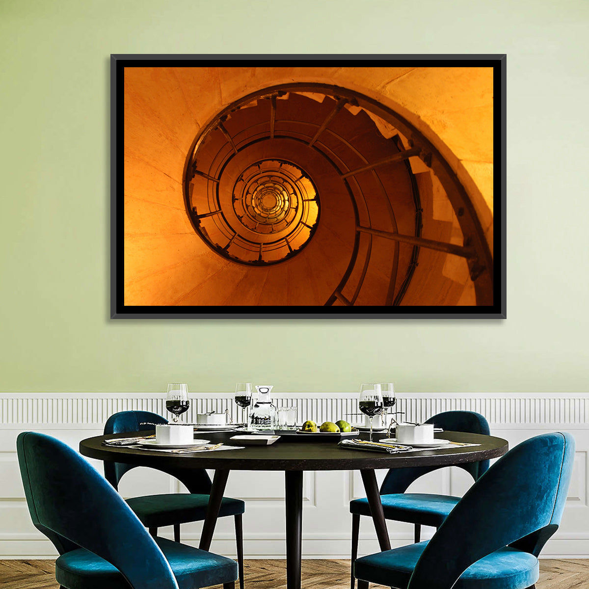 Vortex Spiral Staircase Wall Art in a room, landscape