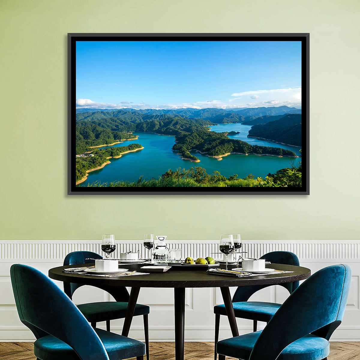 Emerald Qiandao Lake Wall Art in a room, landscape