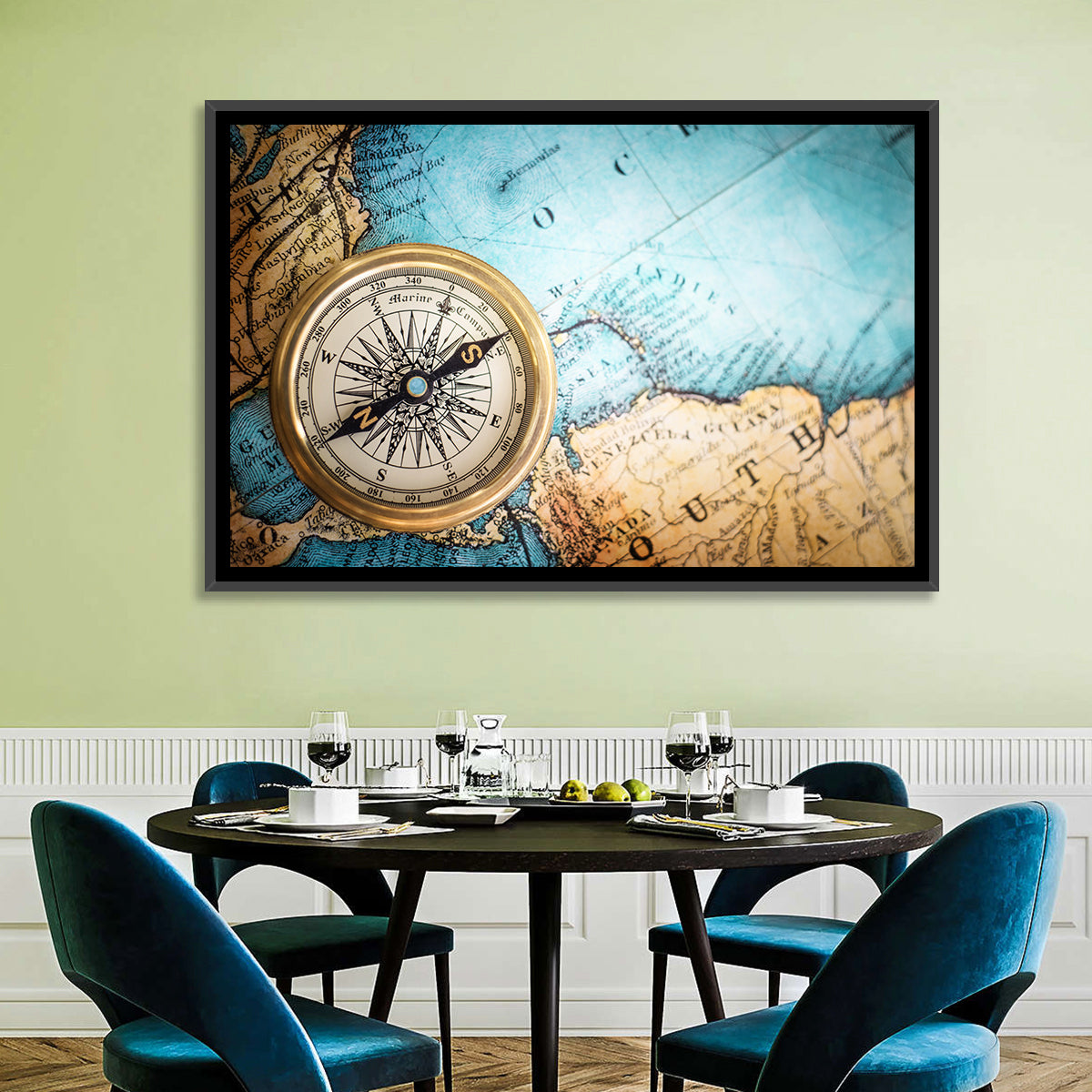 Vintage Compass Over Atlantic Map Wall Art in a room, landscape