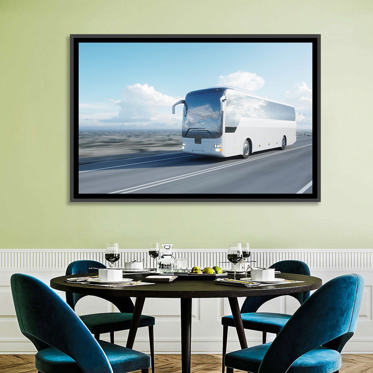 Desert Highway Tour Bus Wall Art in a room, landscape