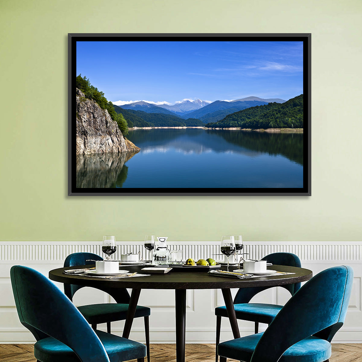 Cliffside Mountain Lake Reflection Wall Art in a room, landscape