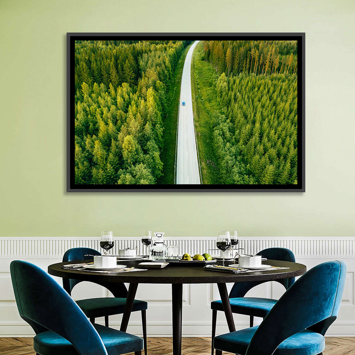Blue Car on Forest Road Wall Art in a room, landscape