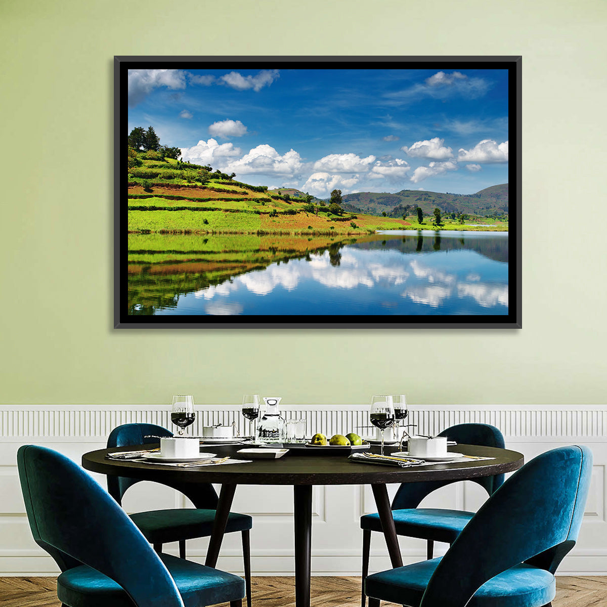 Bunyonyi Lake Reflection Wall Art in a room, landscape