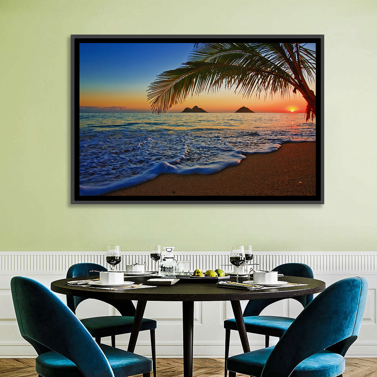 Lanikai Sunset Over Mokulua Islands Wall Art in a room, landscape