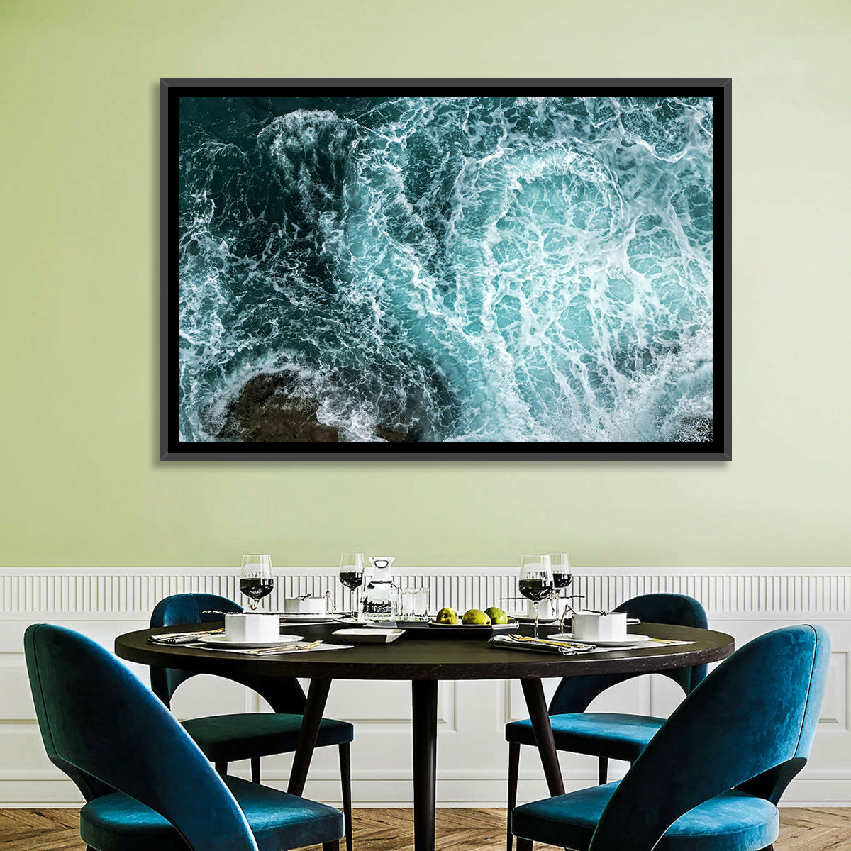 Aerial Ocean Waves with Sea Foam Wall Art in a room, landscape