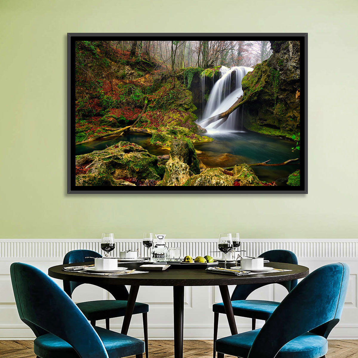 Cheile Nerei Mossy Waterfall Wall Art in a room, landscape