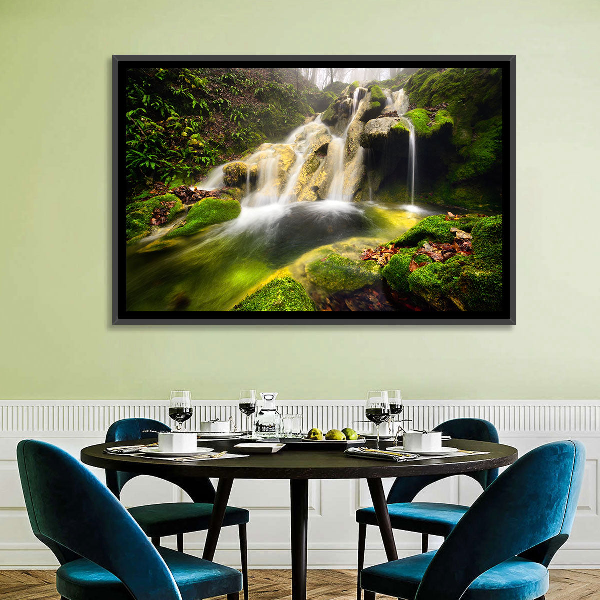 Cheile Nerei Mossy Waterfall Wall Art in a room, landscape
