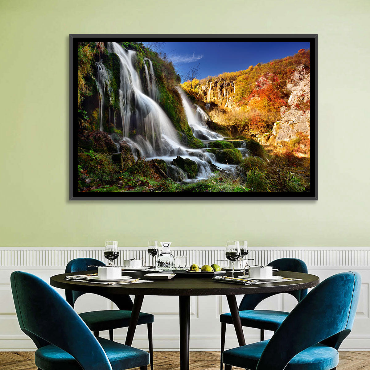 Plitvice Lakes Waterfall Wall Art in a room, landscape
